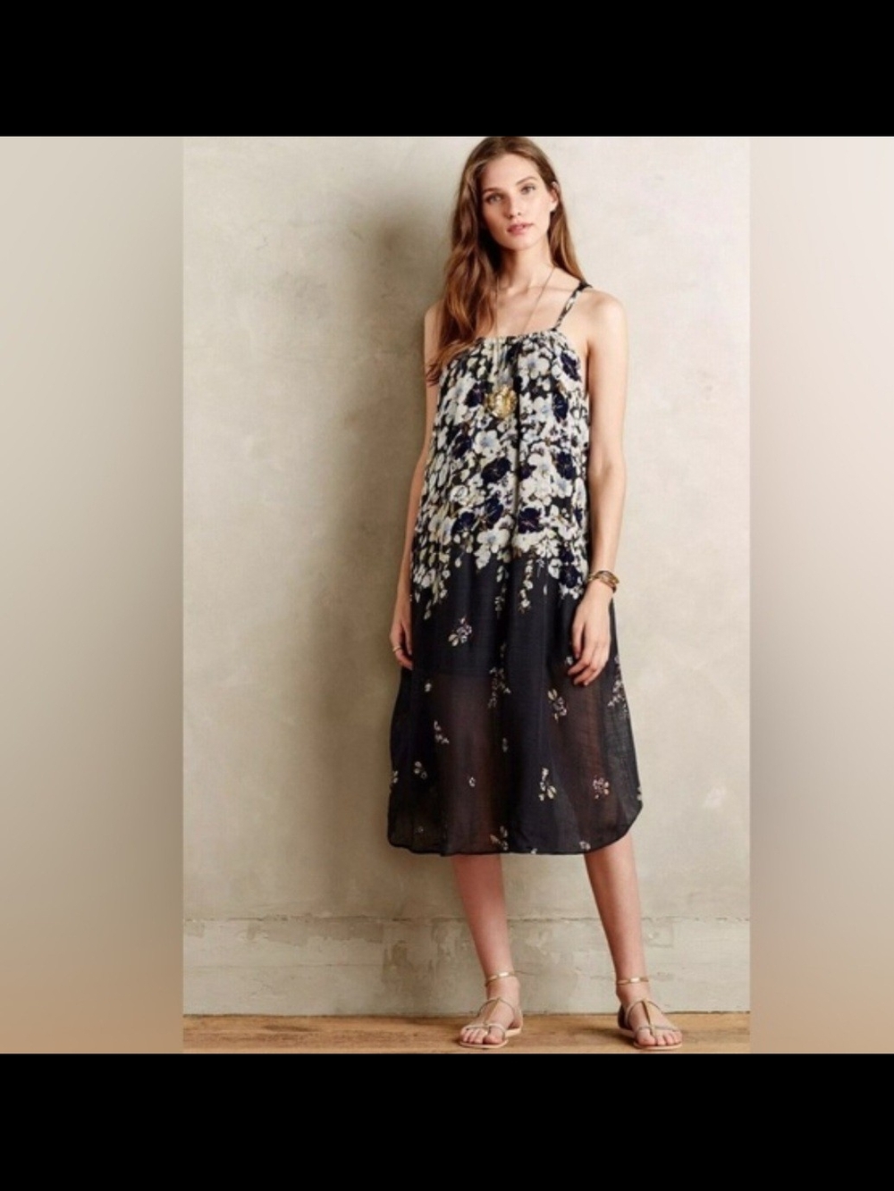 Floral Spaghetti-Strap Midi Dress in Navy